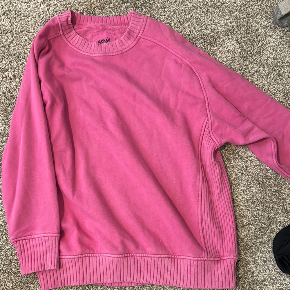 Aerie Pink Crew Neck Sweater with Ribbed Details